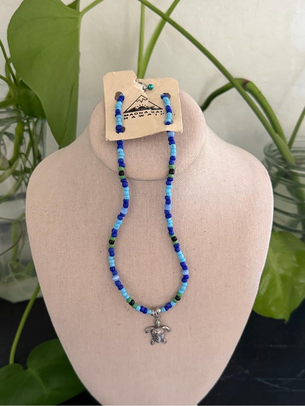 Vintage Hawaiian Blue Beads Silver Sea Turtle Charm Necklace